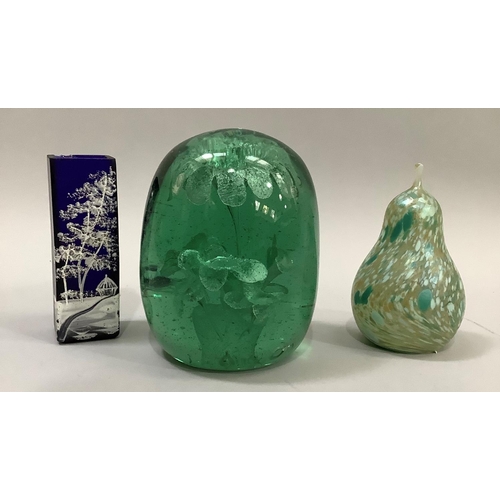 491 - A Victorian green glass dump with flower vase interior, Art Glass pear with orange and green coloure... 