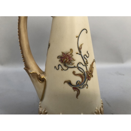 1 - Mid 19th century Royal Worcester blush ivory tusk jug the handle modelled with foliate design culmin... 