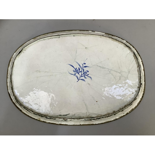 11 - Chinese enamelled metal tray of oval outline, painted with figures in a garden landscape within a su... 