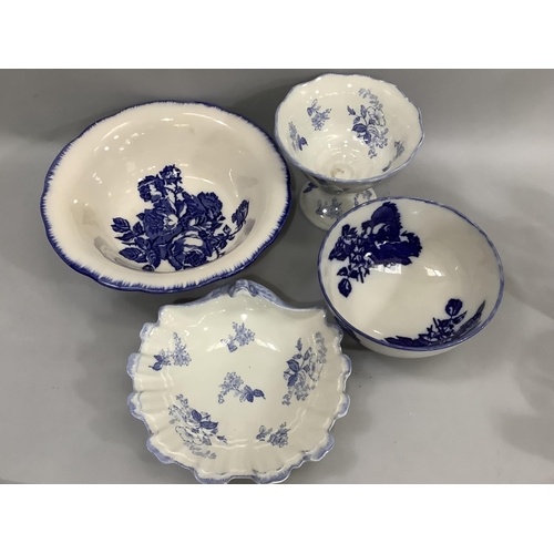 27 - Blakeny Ironstone blue and white rose decorated bowl and toilet bowl of similar design, a circular p... 