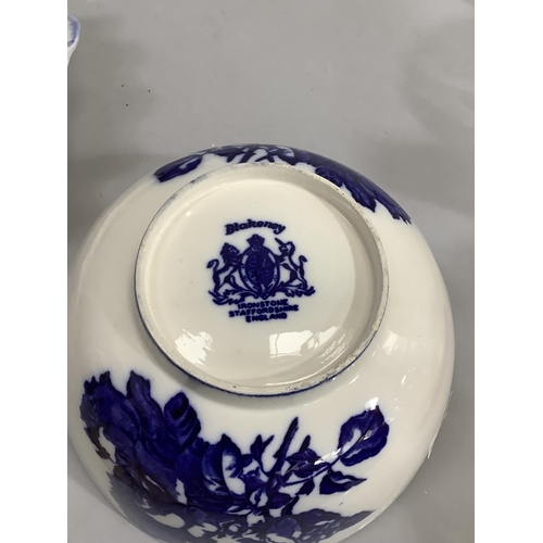 27 - Blakeny Ironstone blue and white rose decorated bowl and toilet bowl of similar design, a circular p... 