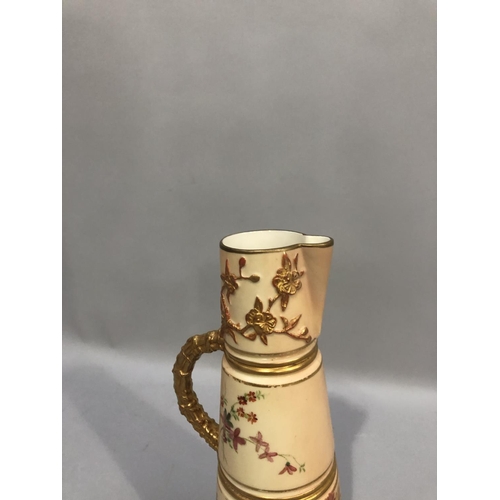 3 - Royal Worcester blush ivory sectioned tusk jug, with moulded branch handle, decorated with painted a... 