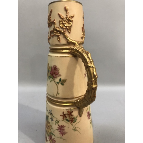 3 - Royal Worcester blush ivory sectioned tusk jug, with moulded branch handle, decorated with painted a... 