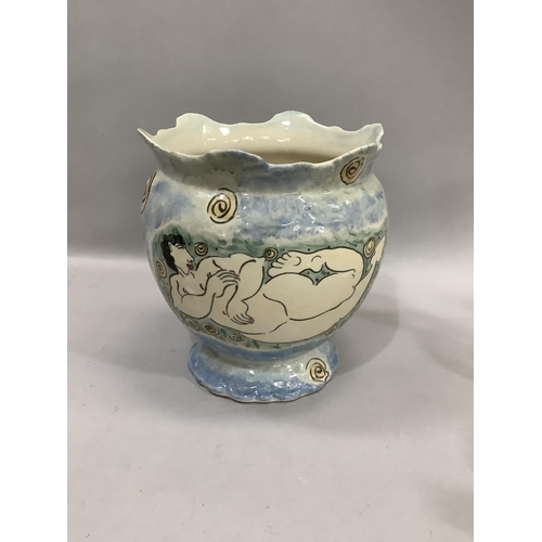 30 - Heron Cross pottery vase decorated in pale blue, green, black and apricot with reclining nude female... 