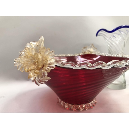 178 - Large Murano red glass centrepiece of writhen form edged with flowers, vase of writhen form with blu... 