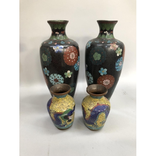 166 - Pair of Cloisonne vases on black ground with another yellow pair, pair of copper pitchers, ornate pi... 