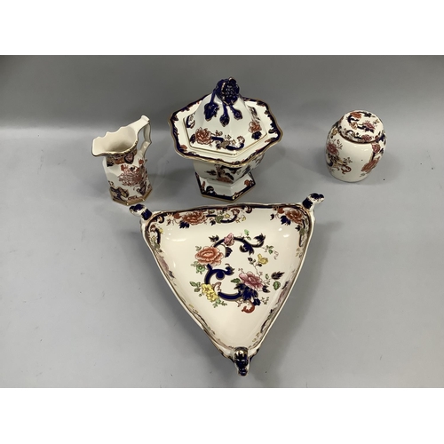 259 - Masons Mandalay star hexagonal vase and cover with floral finial, triangular bowl each corner with d... 