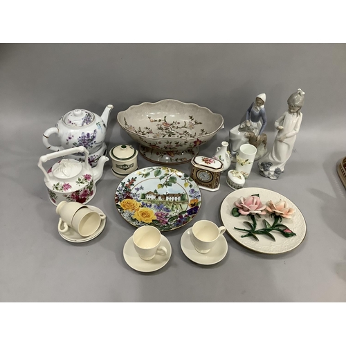 198 - Lladro style figures, pedestal dish, four Myott coffee cups and saucers, ornamental kettle, Coalport... 