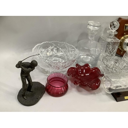 195 - Cut glass fruit bowl, cut glass rose bowl, decanters, some with golfing inscriptions, ruby glass dis... 