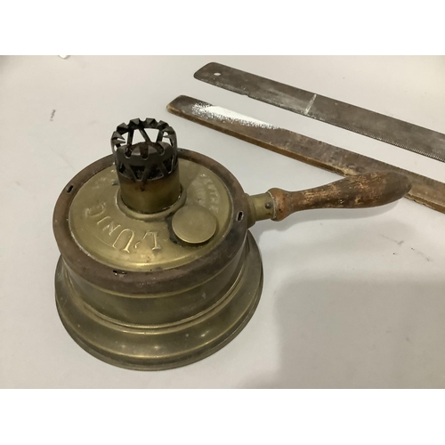 274 - Reproduction oil burner together with a gas mask, a tailor's yard stick and another