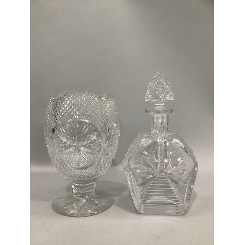 333 - A cut glass flower vase, a wedge shaped decanter and two Lalique style perfume bottles