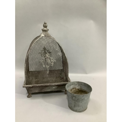 268 - A grey metal rectangular trough on paw feet with wire work cloche and a metal planter