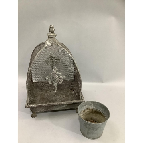 268 - A grey metal rectangular trough on paw feet with wire work cloche and a metal planter