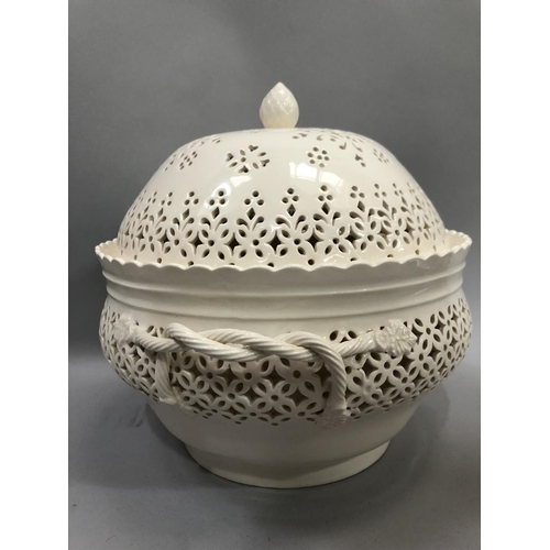 6 - Leeds Creamware pierced chestnut basket with scalloped rim, with interlaced twin handles and articho... 