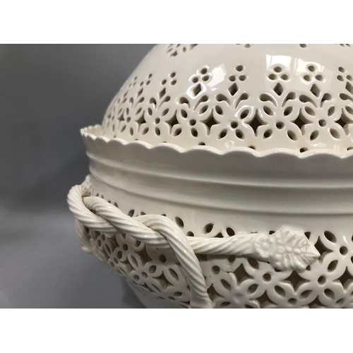 6 - Leeds Creamware pierced chestnut basket with scalloped rim, with interlaced twin handles and articho... 