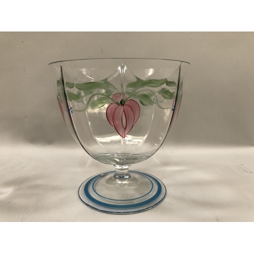 9 - Orrefors Maja glass bowl together with two wine glasses, designed by Eva Englund hand painted with f... 