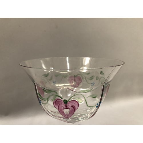 9 - Orrefors Maja glass bowl together with two wine glasses, designed by Eva Englund hand painted with f... 