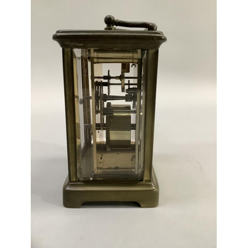 71 - Brass carriage clock with French movement and Roman numeral dial, 14.5cm high