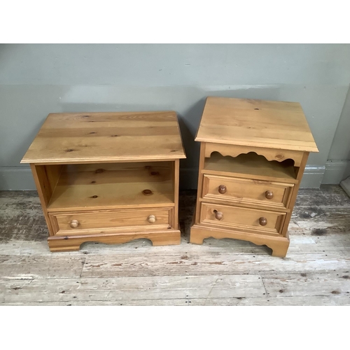 132 - Pine bedside cabinet with single shelf over two drawers together with a pine media stand with deep  ... 