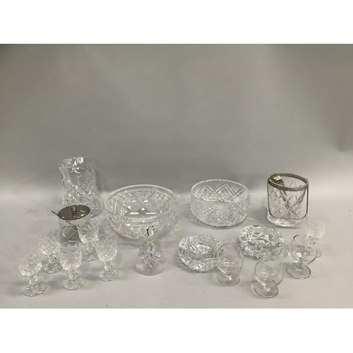 47 - Items of cut glass including two crystal serving bowls, water jug, ice pale, preserve pot, table bel... 