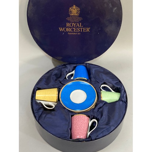 185 - Royal Worcester Harlequin cups and saucers 'In Celebration of HRH 80th Birthday' in box