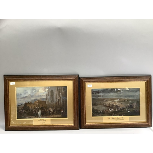 316 - A pair of overpainted prints, The Battle of Preston and The Last Days of Whalley Abbey, 24.5cm by 41... 