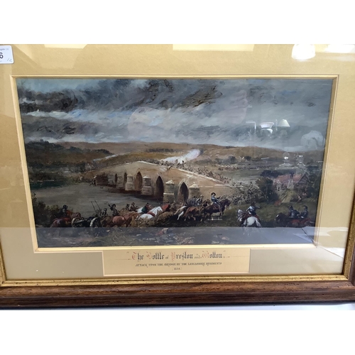 316 - A pair of overpainted prints, The Battle of Preston and The Last Days of Whalley Abbey, 24.5cm by 41... 