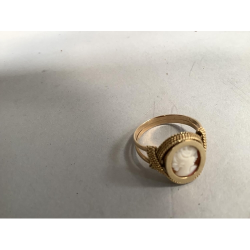 397 - A shell cameo ring in yellow metal (tests as 14ct gold) approximate weight 3g