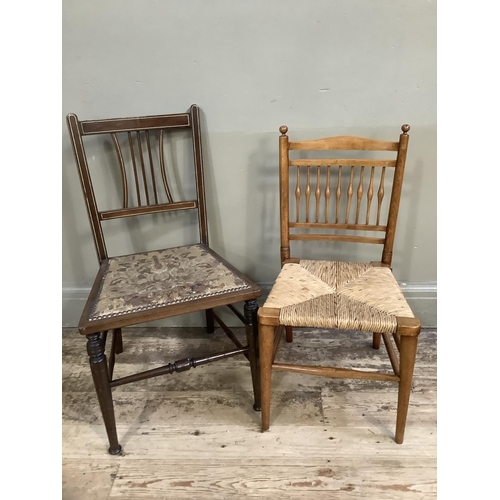 534 - One beech spindle back, rush seated child's chair together with an Edwardian crossband inlay mahogan... 