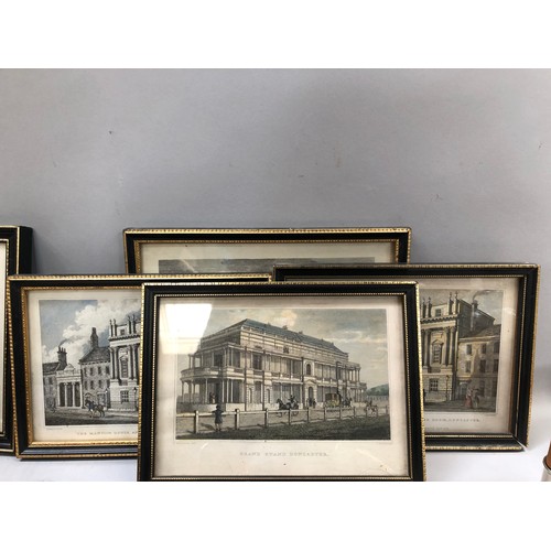 190 - A set of hand tinted engravings, views of Doncaster including the Mansion House and Racecourse toget... 