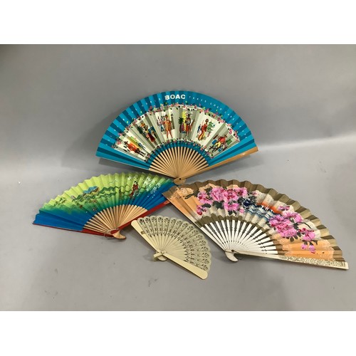 204 - Four fans, celluloid Brise fan with ribbon, Japanese Cyrano of London painted fan, BOAC airlines adv... 