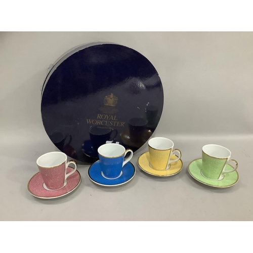 185 - Royal Worcester Harlequin cups and saucers 'In Celebration of HRH 80th Birthday' in box