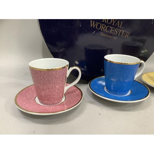 185 - Royal Worcester Harlequin cups and saucers 'In Celebration of HRH 80th Birthday' in box