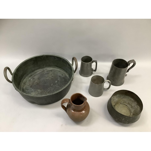 187 - Three pewter tankards, Victorian earthenware jug, Eastern etched metal bowl and twin handled copper ... 