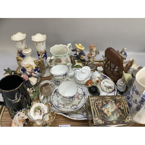 237 - Tea ware, garniture of vases in blue, white and gilt, animal figures, trinket dish, printed tin etc