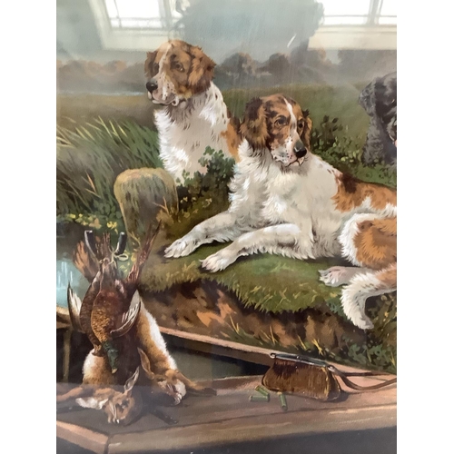 292 - A chromolithograph of a gamekeeper sitting alongside a punt with dead game and retrievers in rosewoo... 