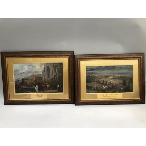 316 - A pair of overpainted prints, The Battle of Preston and The Last Days of Whalley Abbey, 24.5cm by 41... 