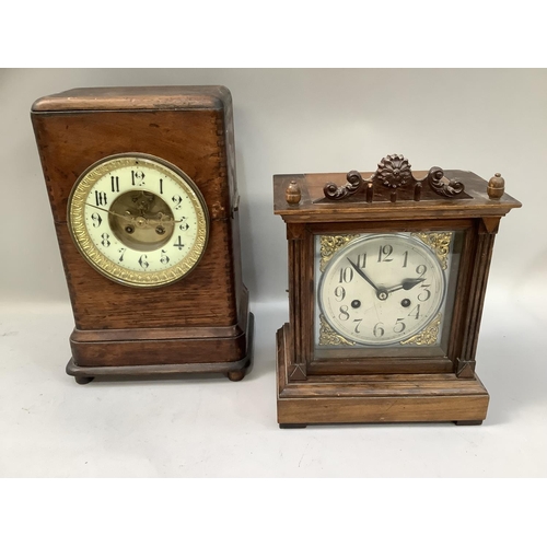 322 - A walnut cased mantle clock having an enamel dial with black Arabic numerals,  Brocot escapement, ei... 