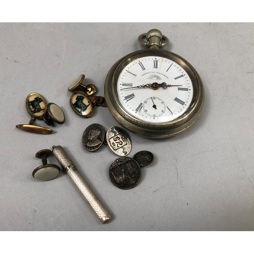 412B - A 19th century American Waltham pocket watch in a nickel screw bezel case, together with several cuf... 