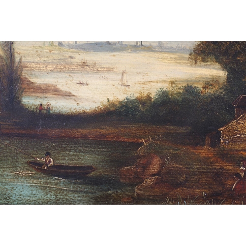 340 - 19TH CENTURY EUROPEAN SCHOOL, classical valley landscape with lake, oil on canvas, unsigned, 42cm x ... 