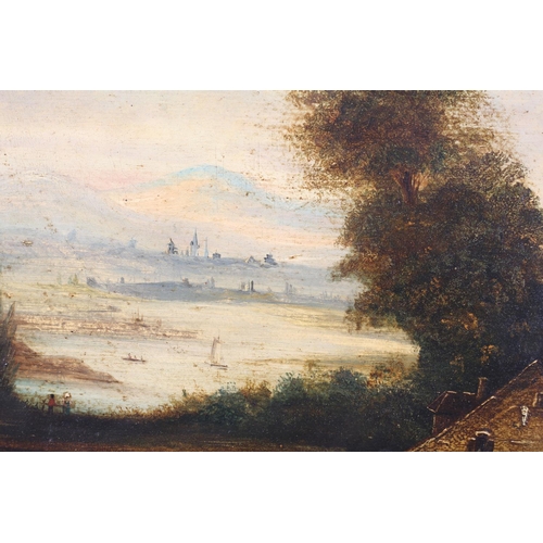 340 - 19TH CENTURY EUROPEAN SCHOOL, classical valley landscape with lake, oil on canvas, unsigned, 42cm x ... 