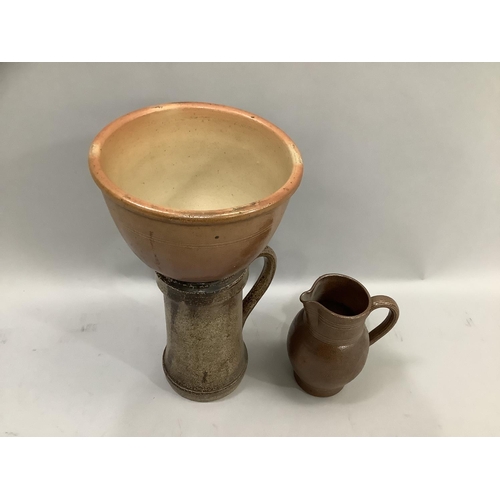 15 - A salt glaze funnel, a salt glaze jug with reeded handle and a stoneware tankard by A G  Hopkin Lamb... 