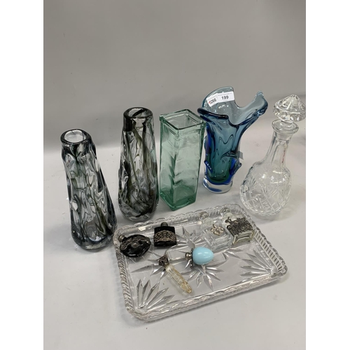 199 - Four modern vases in shades of blue green and charcoal, glass decanter, glass dressing table tray to... 