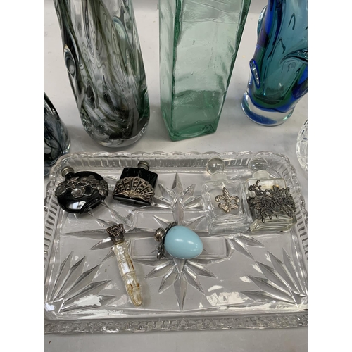 199 - Four modern vases in shades of blue green and charcoal, glass decanter, glass dressing table tray to... 