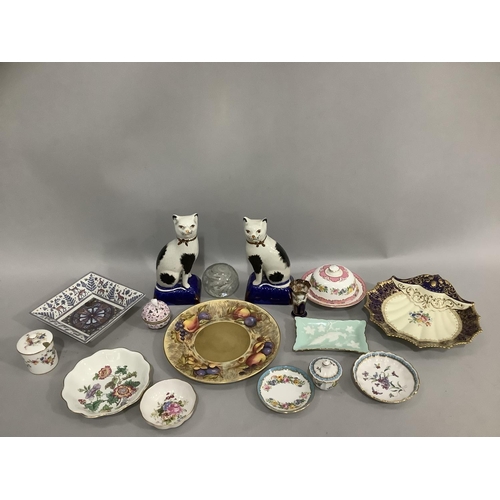 251 - Pair of Staffordshire cats, Minton condiment dish with cover, Spode trinket dish with two associated... 