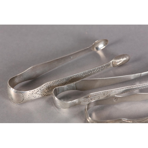 281 - A PAIR OF SCOTTISH SILVER BRIGHT CUT SUGAR TONGS c.1790 together with three other pairs of silver to... 