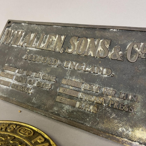 135 - A brass Milners’ Patent Thief-Resisting safe plaque along with a brass WH Allen & Sons steam engine ... 