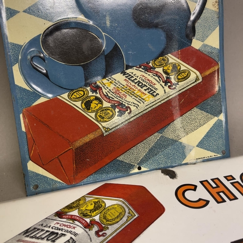 64 - Two vintage Chicoree Williot advertising signs, one painted showing a blue coffee pot and cup, the o... 