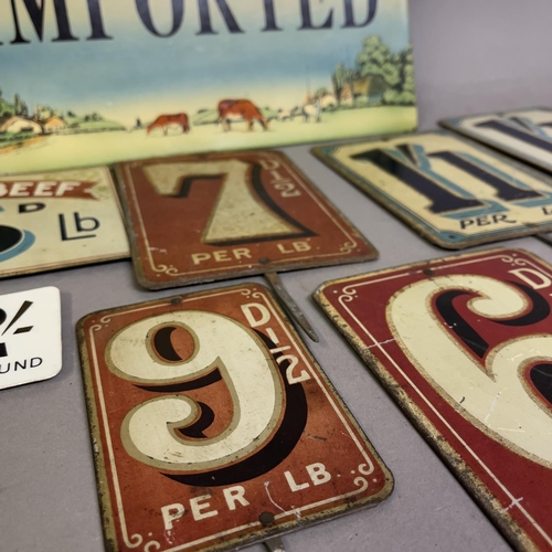 67 - A collection of nine painted tin grocery price tags and advertising signs, including two match strik... 