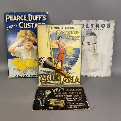 69 - Four card-backed advertising lithographs for Pearce, Duffs Creamy Custard, Anti-Laria Non-Alcoholic ... 